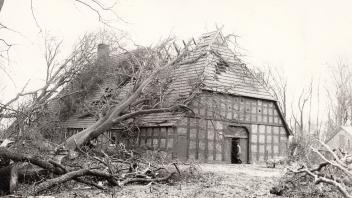 „Quimburga“ hatte schlimm gewütet: Auch dieses rustikale Haus in Annen wurde schwer beschädigt.