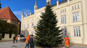 Der Bützower Weihnachtsbaum 2022 ist vor dem Bützower Rathaus aufgestellt.