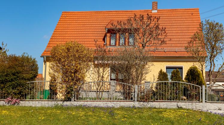 Einfamilienhaus am Stadtrand von Pößneck mit Vorgarten und und gelben Wildblumen im Frühling, Thüringen, Deutschland, Eu
