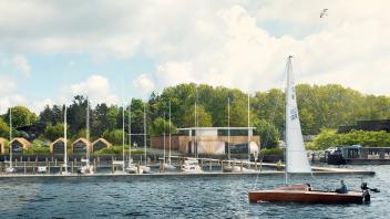 Die Animation zeigt, dass sich das geplante Wassersportzentrum am Ziegelaußensee harmonisch in die Landschaft einfügen soll. 