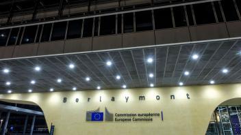 European union building of offices enlightened at night during an energy crisis. Berlaymont - European commission Batime