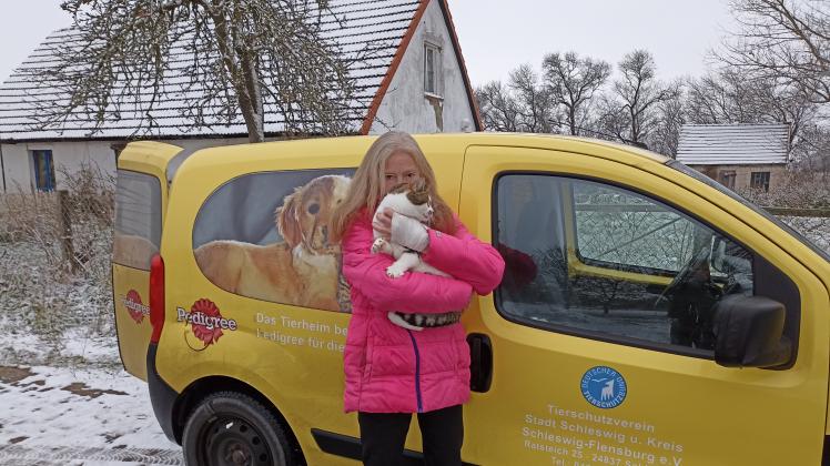 Endlich wieder vereint: Susanne Schneider und ihre Katze „Burrita“ vor dem Auto des Schleswiger Tierheims.