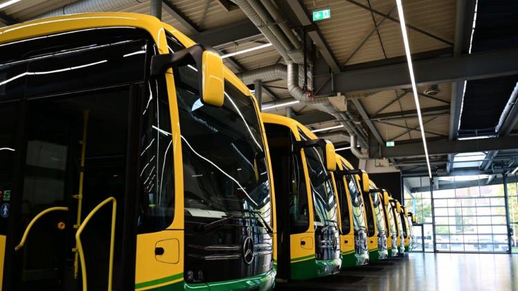 Elektrobusse der VLP im Auslieferungsdepot des Herstellers in Mannheim. Im Landkreis wird derzeit die Ladeinfrastruktur für die Flotte der elektrischen Busse aufgebaut.