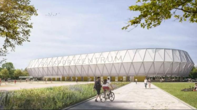 Ein Oval auf Stelzen: So stellen sich die Planer das künftige Radsportzentrum am Lambrechtsgrund vor.