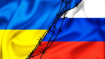 Silk flags of Russian Federation and Ukraine divided by barb wire illustration, Silk flags of Russian Federation and Ukr