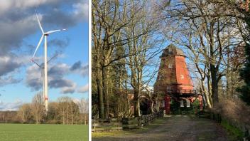 Windmühle ohne Flügel versus Windräder: Dieses Denkmal (rechts) in Niedersachsen verhinderte den Ausbau eines Windparks.
