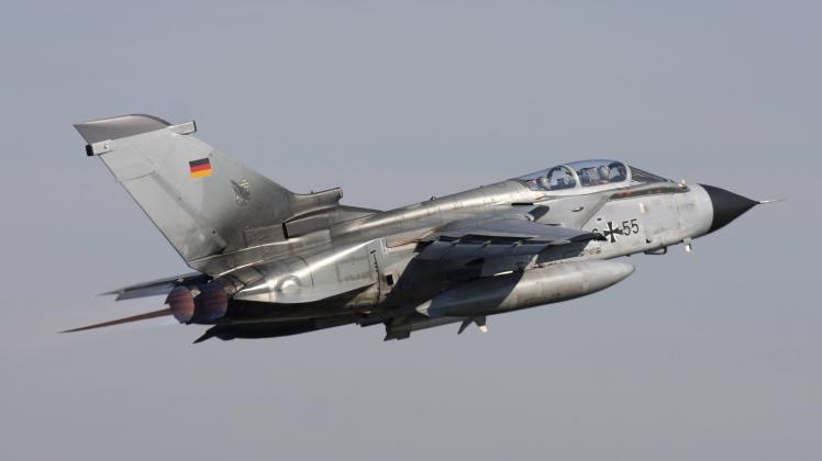 German Tornado ECR armed with a HARM anti radar missile taking off over Germany during exercise ELI