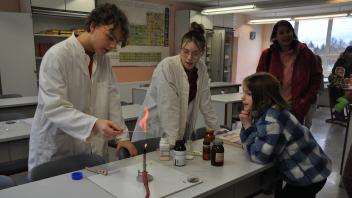 Experimente im Chemieraum: Bennett (l.) und Christin (2.v.l.) erklärten, durch welche chemischen Elemente sich die Flamme verfärbt.