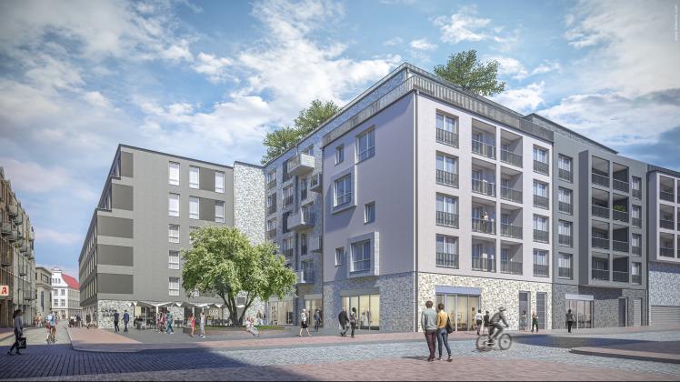 So soll der neue Komplex aus Wohnen, Gewerbe und Hotel an der Rungestraße in Rostock einmal aussehen. 