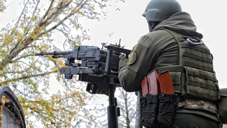 MYKOLAYIV REGION, UKRAINE - NOVEMBER 09, 2022 - Mykolayiv National Guardsmen created a mount with PKT machine guns to d
