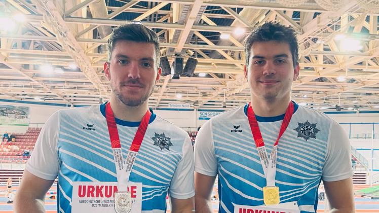 Silber und Gold im Kugelstoßen gab es bei den norddeutschen Meisterschaften in Neubrandenburg für die Brüder Mika (links) und Kjell Jokschat.