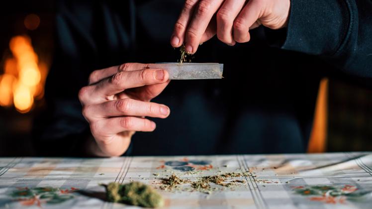 Close-up of a man s hands preparing marihuana joint model released Symbolfoto PUBLICATIONxINxGERxSUIxAUTxHUNxONLY ACPF00