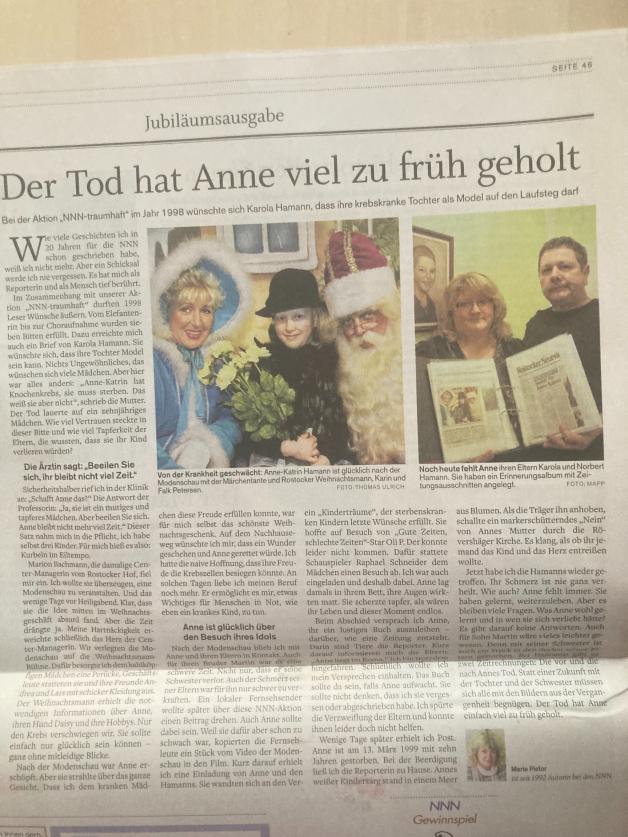 Das Schicksal der kleinen 1998 viel zu früh verstorbenen Anne-Kathrin Hamann und ihrer Eltern und ihres Bruders habe ich niemals vergessen können. Darüber habe ich in der Beilage zum 60. NNN-Jubiläum geschrieben. 