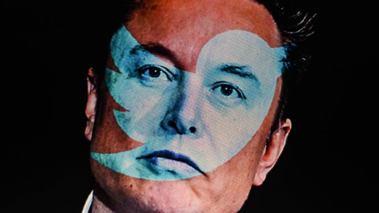 December 22, 2022, Cours la Ville, Auvergne Rhone Alpes, France: MUSK s face in seen with Twitter logo on it. ELON MUSK,