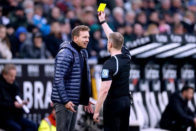 Gelbe Karte: Wegen heftiger Proteste gegen eine Foulentscheidung zeigte Tobias Welz dem Bayern-Trainer Julian Nagelsmann in der 78. Minute die Gelbe Karte. 