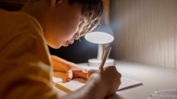 Boy writing in book under illuminated lamp at home model released, Symbolfoto property released, ANAF00308