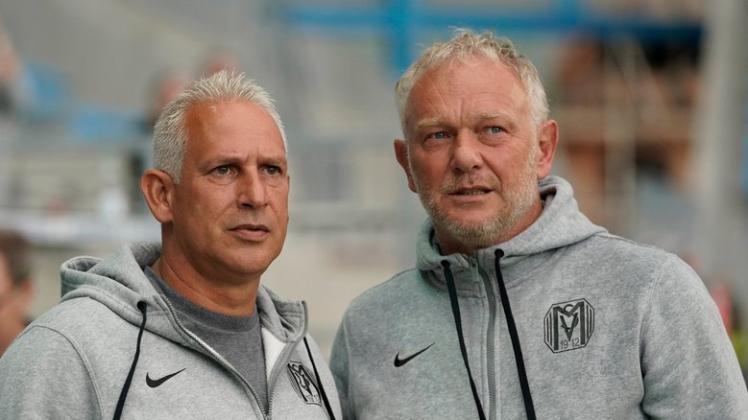 Mario Neumann (rechts) führte den SV Meppen als Co-Trainer von Christian Neidhart zurück in den Profifußball. Jetzt ist er Coach des VfL Oythe.