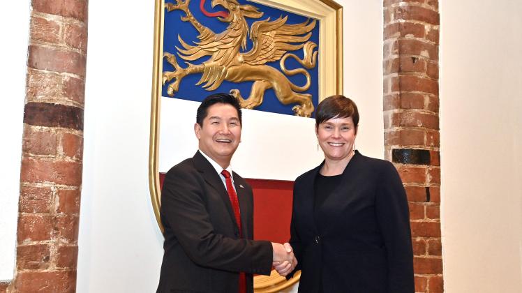 Herzliche Begrüßung im Rostocker Rathaus: Oberbürgermeisterin Eva-Maria Kröger begrüßte Jason Chue, Generalkonsul der USA in Hamburg.