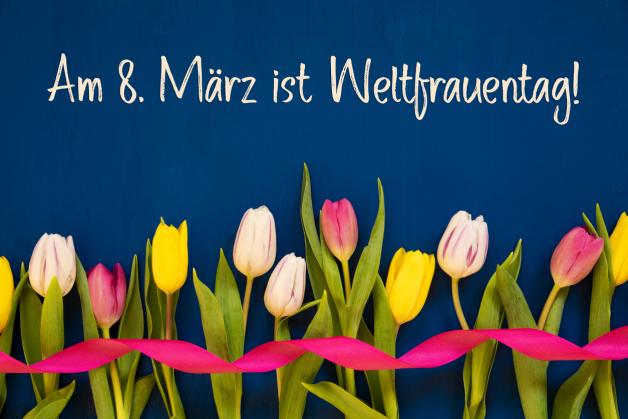 Colorful Tulip, Weltfrauentag Means Women Day, Ribbon, Blue Background