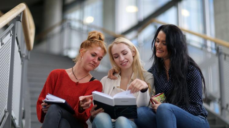 Studentinnen schauen in ein Buch