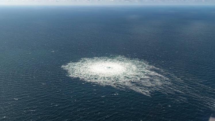 View taken from a Danish F-16 interceptor of the Nord Stream 2 gas leak just south of Dueodde, Denmark, on Tuesday, Sept