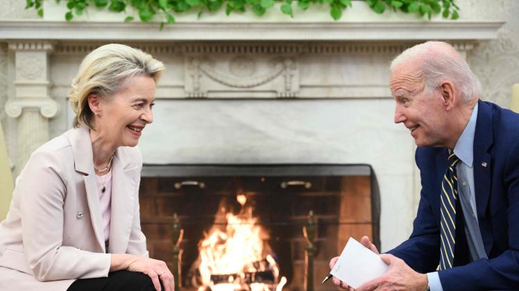 TOPSHOT - US President Joe Biden meets with European Commission President Ursula von der Leyen in the Oval Office of the White House in Washington, DC, on March 10, 2023. (Photo by Mandel NGAN / AFP)