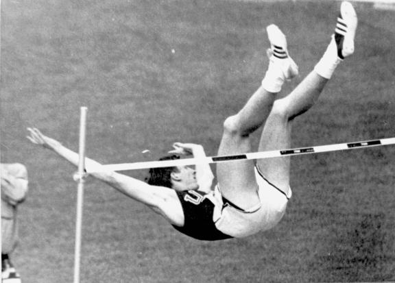 Fosbury Dick Fosbury of USA, the high jumper who goes backwards over the bar, is seen during his Olympic record jump of 