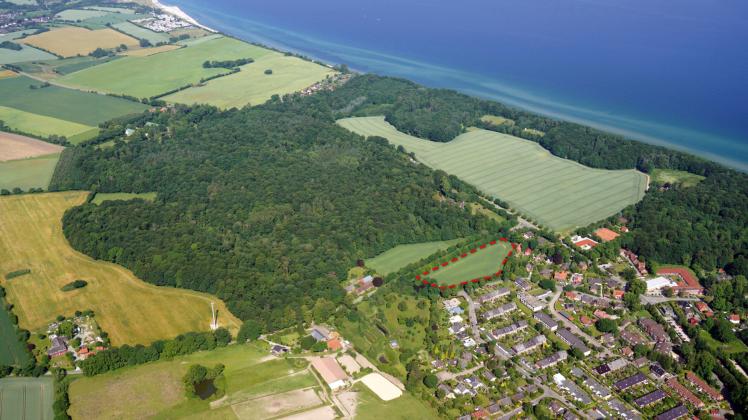 Das geplante Baugebiet in Dänisch-Nienhof (Gemeinde Schwedeneck) ist 1,3 Hektar groß. Das Baugebiet befindet sich im rot markierten Bereich. 