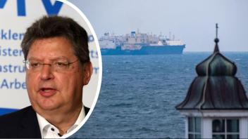  Reinhard Meyer (SPD), Wirtschaftsminister von Mecklenburg-Vorpommern und LNG Tanker „Seapeak Hispania“