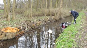 Dirk Krell von der Feuerwehr zog Mittwochvormittag zusammen mit Sönke Rix das Kleinkraftrad aus dem Wasser. Vorn im Wasser der schwarze Motorradhelm. 