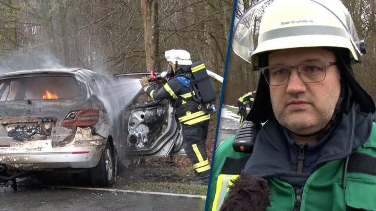 B214 bei Gehrde: Auto prallt frontal gegen Baum und brennt komplett aus