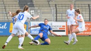 Potsdam, Germany. March 26th 2023: Jessica De Filippo (31) of FFC Turbine Potsdam goes in for a tackle during the game F
