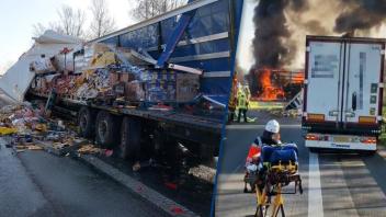 Zwei Lkw kollidieren bei Greven - Augenzeugen filmen Fahrzeug in Flammen