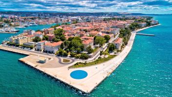 Zadar. Town of Zadar historic peninsula panoramic aerial view,