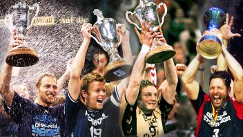 Viermal gewann die SG Flensburg-Handewitt den DHB-Pokal. Sie nahmen die Trophäen entgegen: 2003 Jan Fegter, 2004 Sören Stryger, 2005 Christian Berge und 2015 Tobias Karlsson (von links).