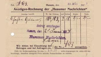 Anzeigen-Rechnung der Husumer Nachrichten vom 31. Mai 1917 an Johannes Clausen in Ostenfeld.