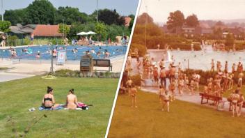 Zwischen den beiden Fotos liegen mehr als 40 Jahre: Links zeigt das Freibad kurz nach der Sanierung im Sommer 2021 und das Bild rechts zeigt einen Tag im Freibad 1980.