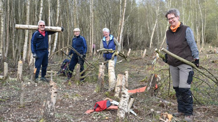 Mit anpacken, um das Rahmannsmoor zu renaturieren: Wilfried und Doris Gasch (v.l.), Gudrun Kaschke und Ute Rudloff räumen befreien die Fläche vom Holz.