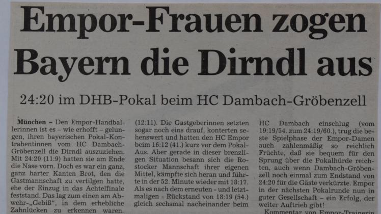 NNN-Überschrift vom 22. Februar 1993: Erst zogen die heutigen Dolphins, die damals noch unter SC Empor Rostock firmierten, den Bayerinnen die Dirndl aus, bevor sie am nächsten Tag mit ihrem Mannschaftsbus in eine Massenkarambolage verwickelt wurden.