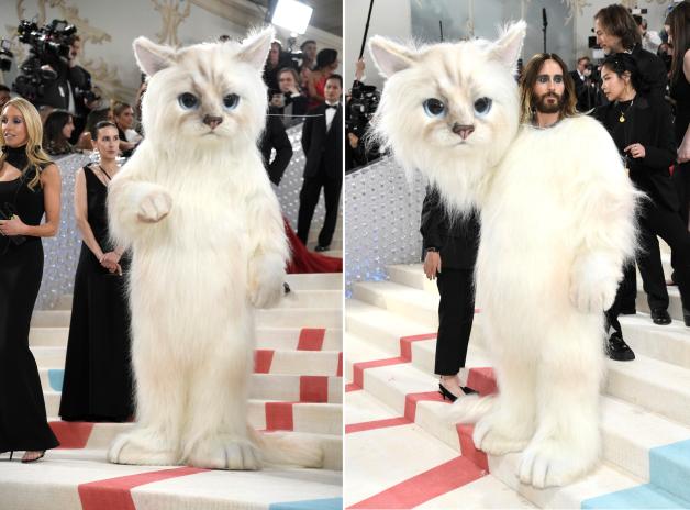Schauspieler Jared Letto entschied sich für das Ganzkörper-Kostüm von Lagerfelds Katze Choupette. Schauspieler Jared Letto entschied sich für das Ganzkörper-Kostüm von Lagerfelds Katze Choupette.