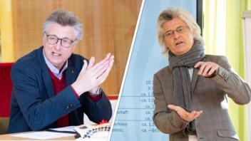 Stellen die wirtschaftliche Lage des Osnabrücker Zoos unterschiedlich dar: Aufsichtsratsvorsitzender Fritz Brickwedde (links) und Geschäftsführer Andreas Busemann, hier bei der Bilanz-Pressekonferenz Anfang 2021.