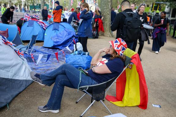May 5, 2023, London, United Kingdom: Royal supporters with their tents along the Mall in central London on the eve of th