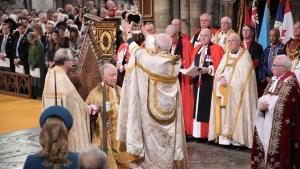 (230507) -- LONDON, May 7, 2023 -- King Charles III receives the St Edward s Crown during his coronation ceremony in Wes