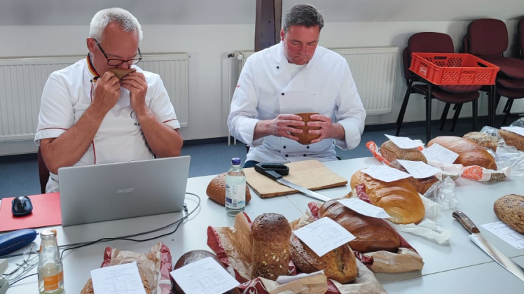 Neben einer krossen Kruste und gutem Geschmack achteten Michael Isensee vom Deutschen Brotinstitut (l.) und Silvio Kruse von der Bäckerei Manfred Ickert bei der Prüfung auch auf den Geruch und die Krumenbildung der Brote.