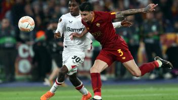 Rome, Italy 11.05.2023: Jeremie Frimpong of Leverkusen, Roger Ibanez of Roma in action during the UEFA EUROPA LEAGUE 202