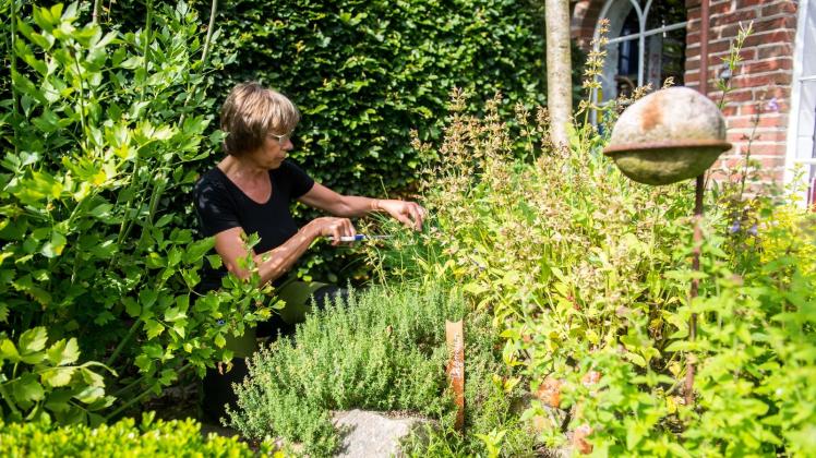 Frau steht im Garten