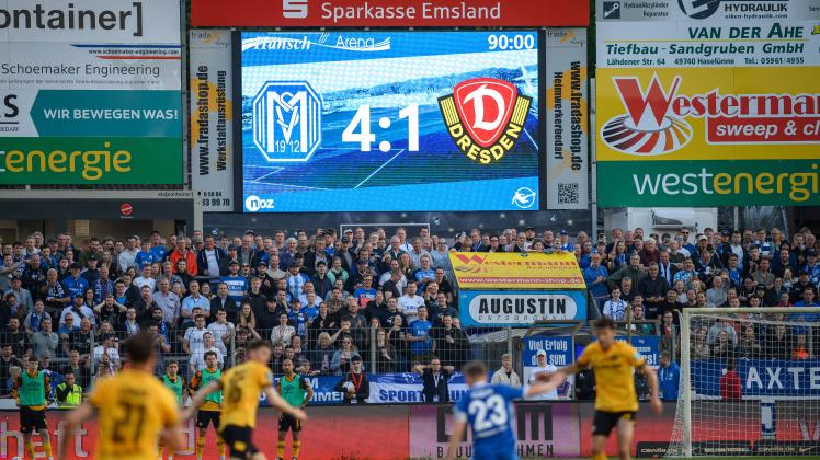 Das Endergebnis auf der Anzteigetafel; SV Meppen - SG Dynamo Dresden; Fußball; 3. Liga; Saison 2022/2023; 37. Spieltag; 