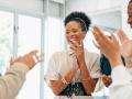 Business people, diversity and clapping in high five, teamwork or collaboration in company growth, target or global goal