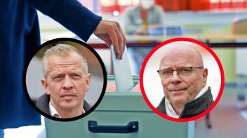 Martin Kindl (l.) und Horst Bauer (r.) stellen müssen am 4. Juni in die Stichwahl. Am Mittwoch, 31. Mai, stellen sie sich den Fragen von Husumern im Kundencenter der Husumer Nachrichten. 