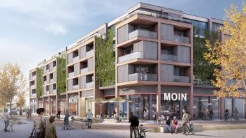 So soll der Gebäudekomplex mit Wohnen über dem Lebensmittelmarkt aus der Perspektive von Bäckerei Junge am Stadtgraben aussehen. Dahinter im Gebäudebereich zu den Banken ist das fünfstöckige Parkhaus mit 400 Stellplätzen geplant.